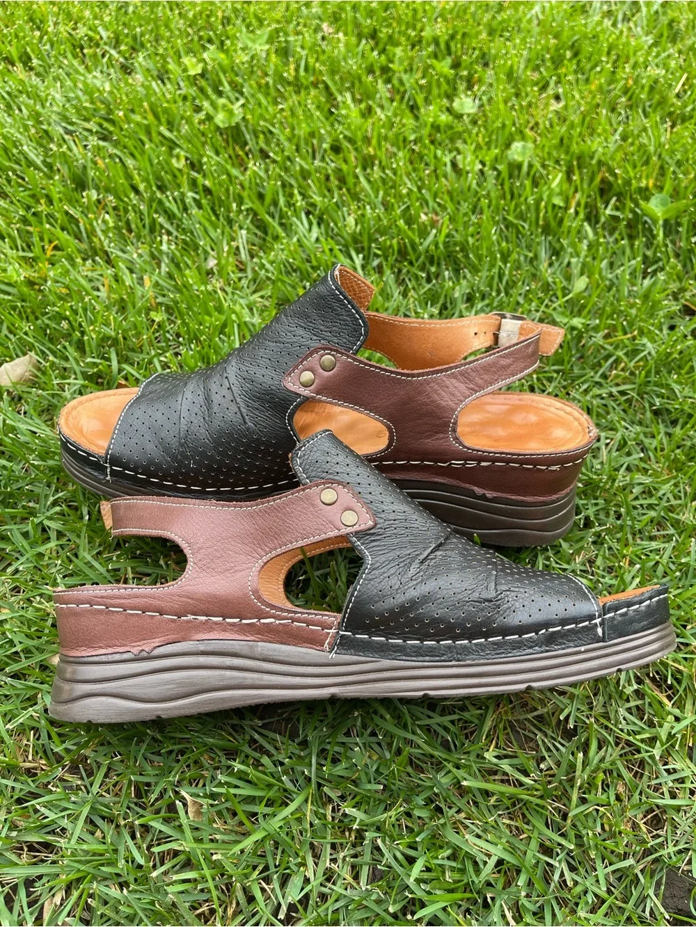 Inca Pamela Black Brown Leather Wedge Sandals Slingback Comfort EU 40 / US 9-9.5